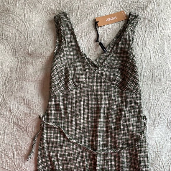 Afends Base Seersucker Maxi Dress XS Deep Green Check Gingham Hemp Tencel NWT - Picture 9 of 13